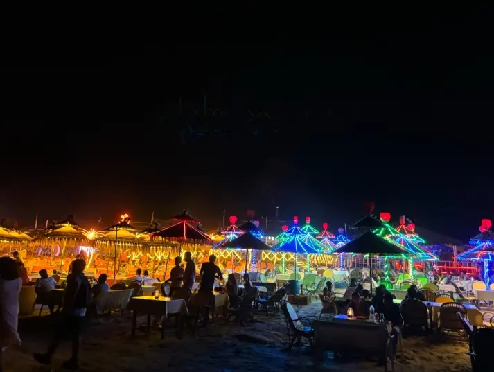 Beach shacks lit up